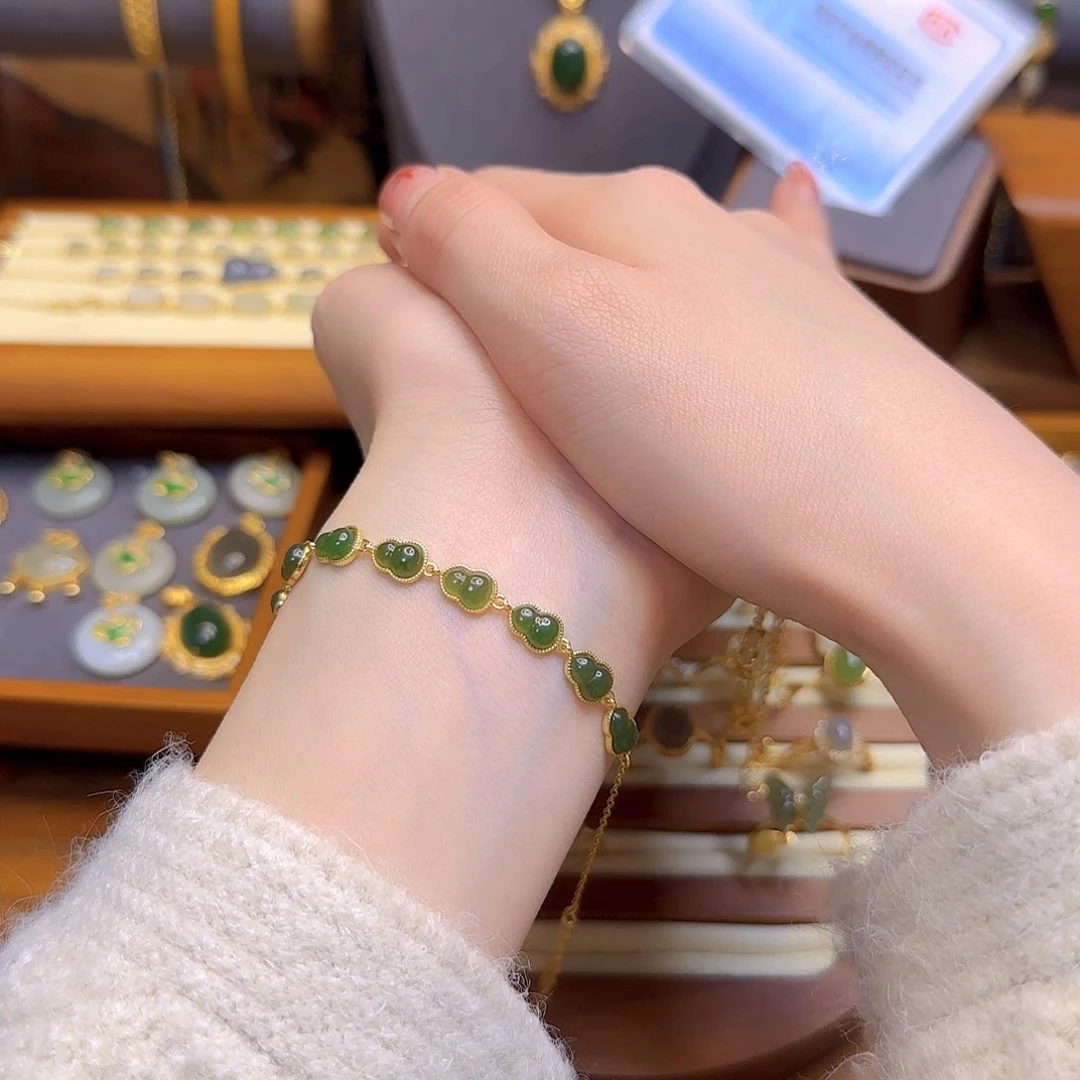 和田玉手链银S925镀金镶嵌