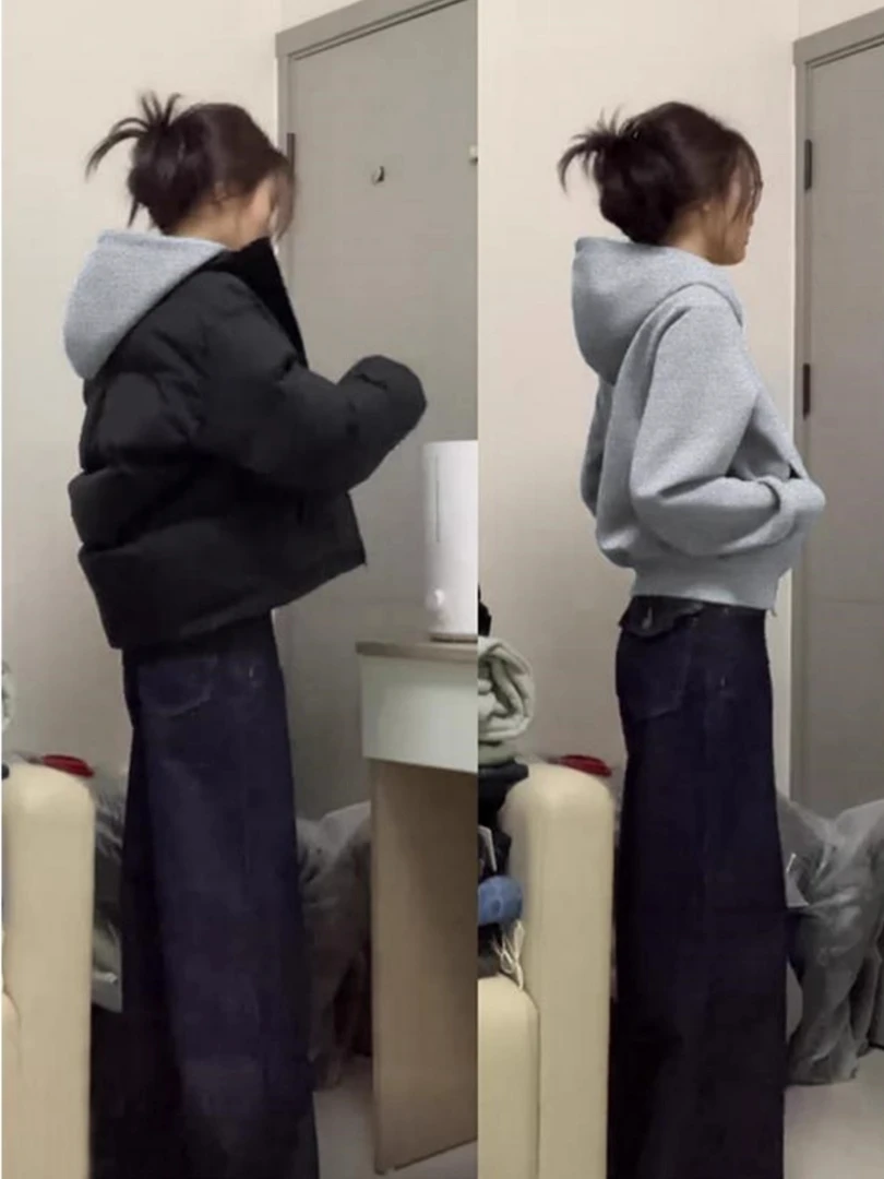 灰色连帽卫衣女短款修身小个子百搭内搭叠穿高级感焊锡短款卫衣