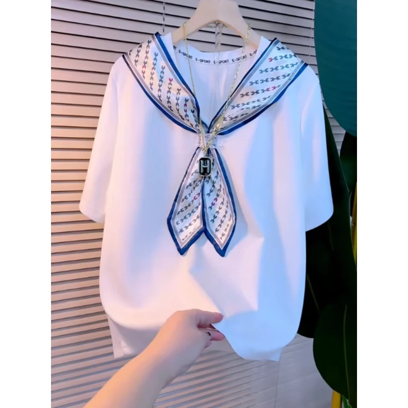 欧货时尚白色短袖女2025春季v领宽松简约高级感慵懒风舒适T恤衬衣