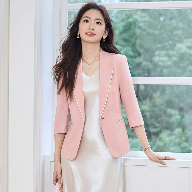 粉色中袖西装外套女2025夏季新款薄款高级感气质名媛女士西服休闲