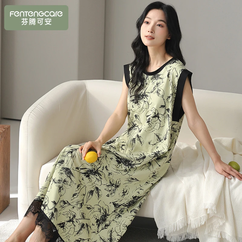 芬腾可安睡裙女士自带胸垫夏季纯棉无袖背心坎肩连衣裙长款家居服