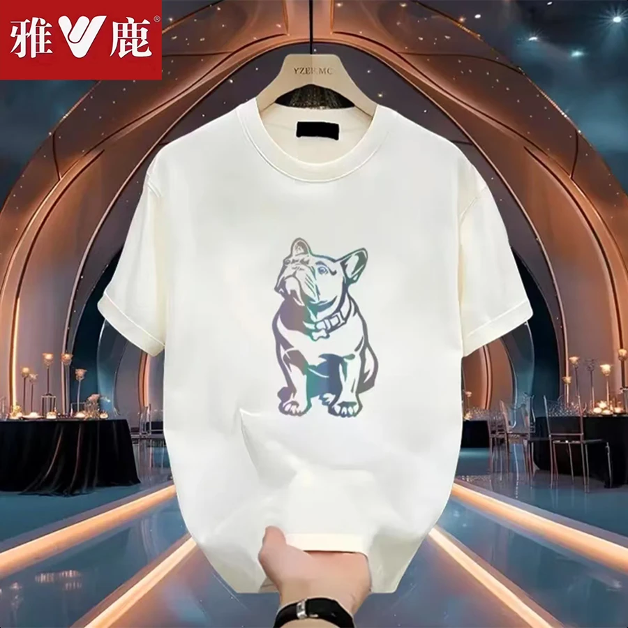 雅鹿纯棉男士短袖T恤夏季薄款时尚男装潮牌印花修身半袖百搭圆领