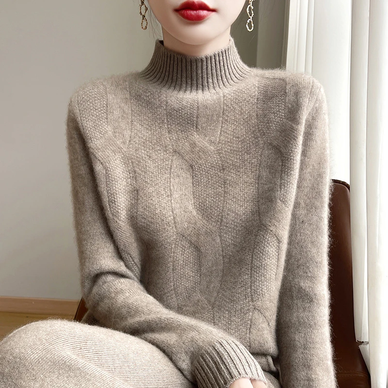 欧洲站秋冬新款纯色半高圆领套头女装大绞花针织衫毛衣
