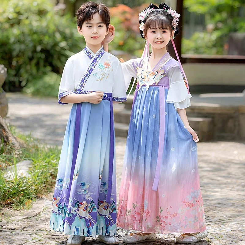 儿童汉服国学服男童三字经朗诵演出服女童中国风表演服装夏季短袖