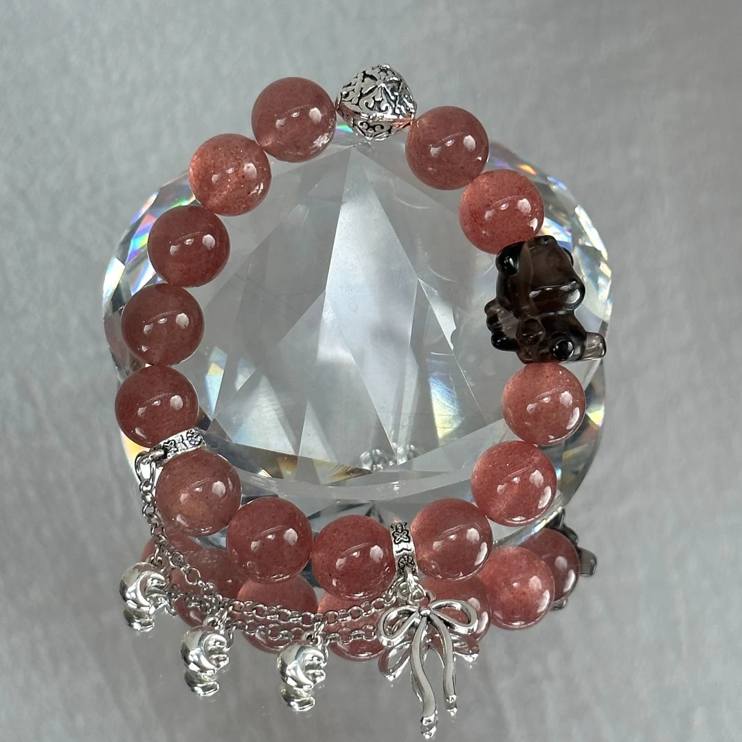 【莓心之恋·属火】天然星光草莓晶 小熊水晶手串 珠径：12mm