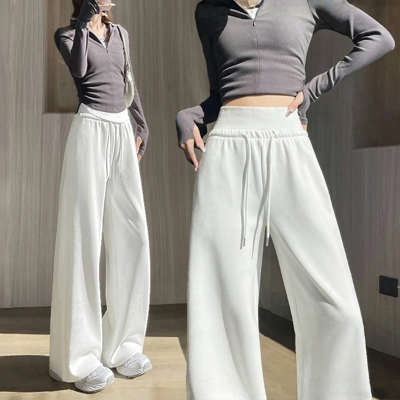 秋季华棉简腰运动裤子女2025新款宽松慵懒风阔腿裤休闲高腰直筒裤