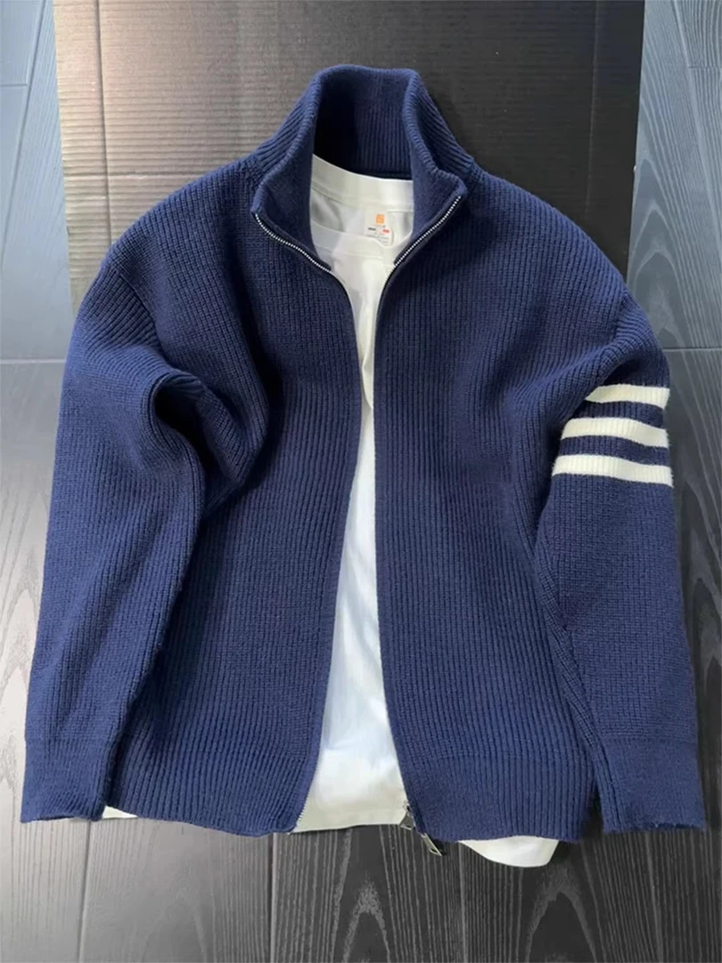 藏青色三条杠开衫毛衣男秋冬韩系慵懒风毛衣外套学院风立领针织衫