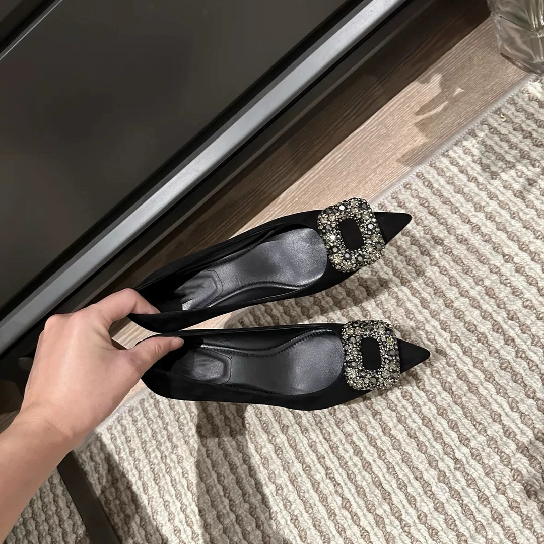 显瘦显腿长方头钻扣粗跟单鞋软底百搭平跟平底鞋女单鞋