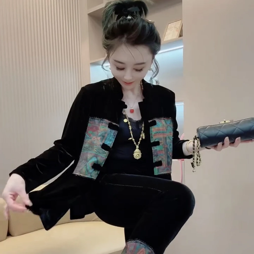 大码中年妈妈装拼色金丝绒立领盘扣开衫裤子套装春秋款显瘦气质