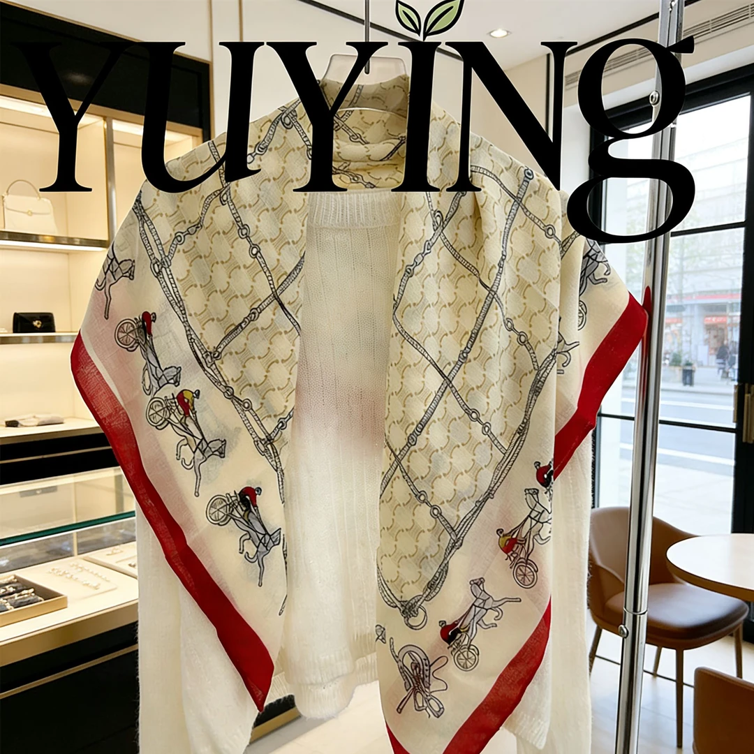 马车红边方格新款时尚丝巾90*90