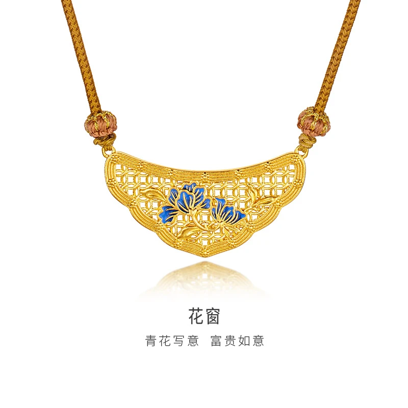 金至尊珠宝宫廷烧蓝靛蓝牡丹花丝锁古法黄金项链计价NF21000924