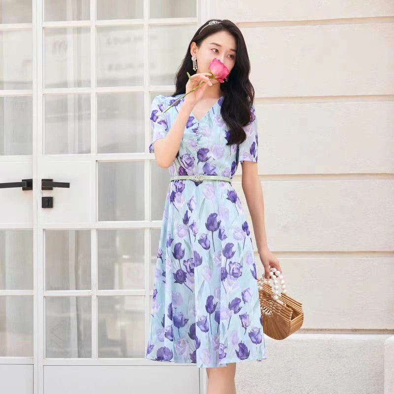 25n【珂L订单】碎花显瘦气质时尚女士夏季收腰印花连衣裙（24L0212）
