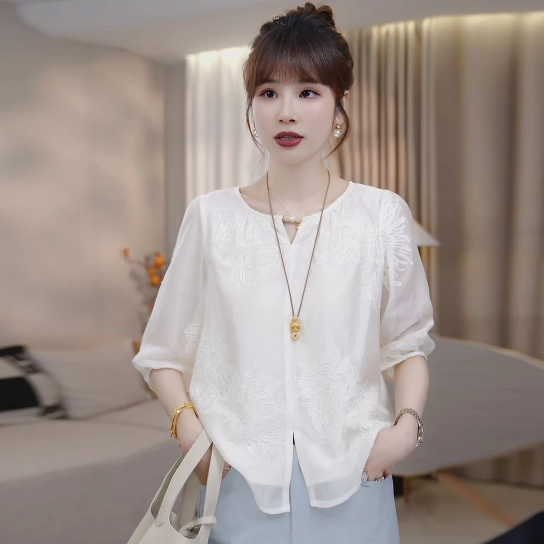 烟花漫~设计感莱赛尔刺绣衬衫女宽松减龄气质显瘦时尚中袖小衫