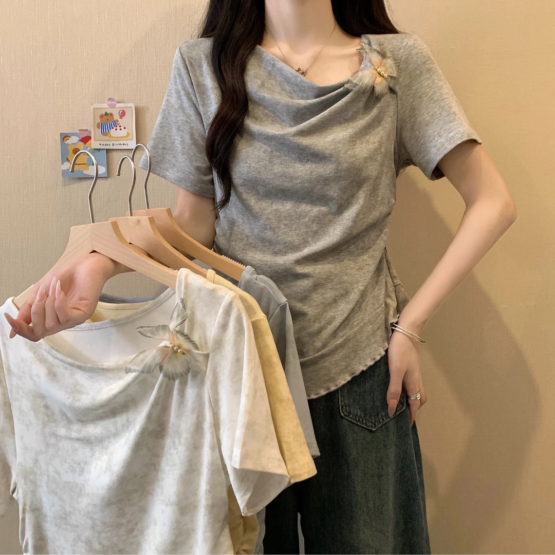 2025大码女装新款斜肩设计感不规则蝴蝶短袖T恤上衣3256
