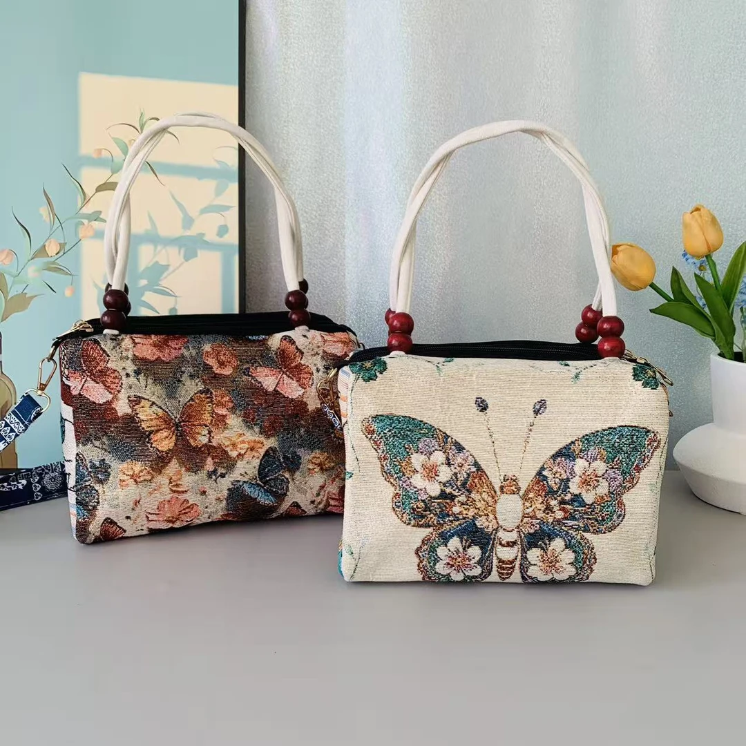 多隔层拉链民族风文艺风单肩式手提包双面刺绣古风女士斜挎包包