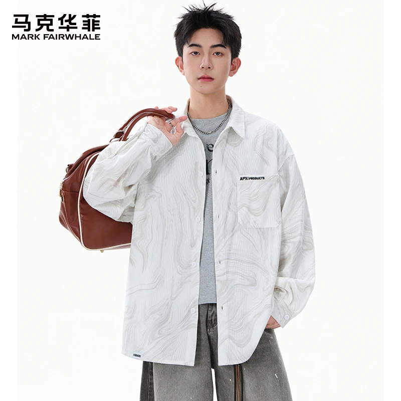 马克华菲美式灯芯绒扎染长袖衬衫男士秋季新款宽松百搭休闲上衣服