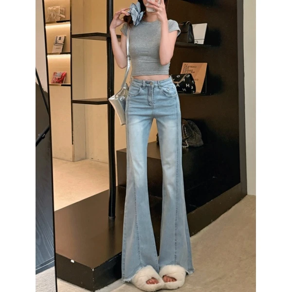 开叉微喇牛仔裤2025春新款大码胖mm弹力显瘦梨形身材毛边喇叭裤子