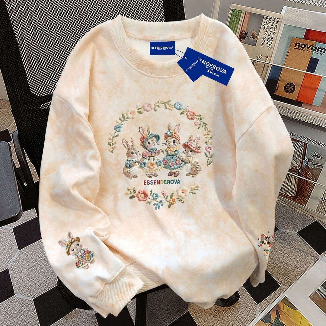 美式可爱甜酷chic风宽松显瘦扎染圆领卫衣男女秋冬季加绒加厚上衣