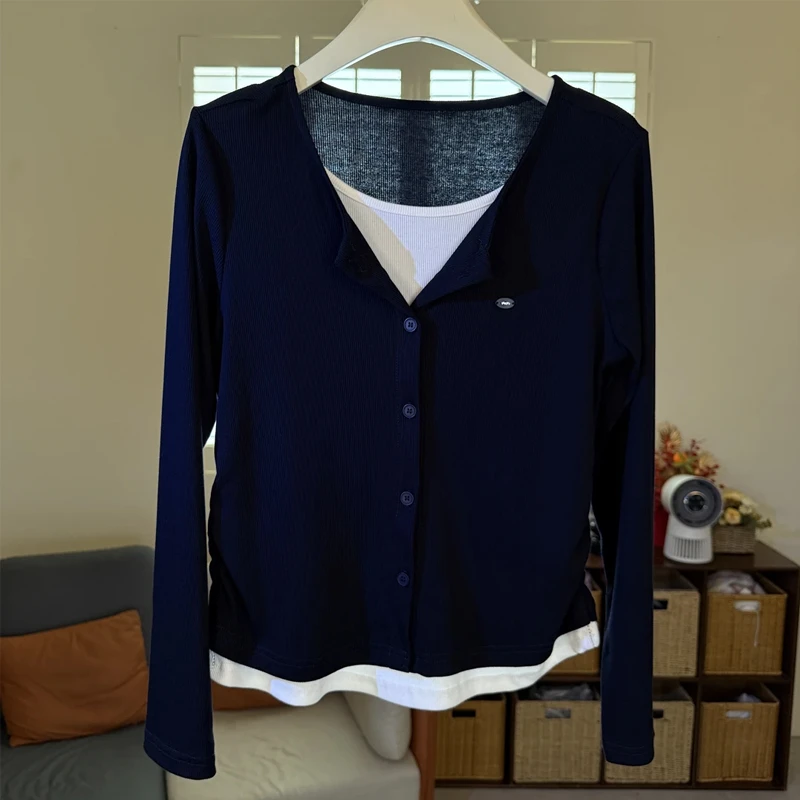 撞色拼接假两件设计感正肩长袖T恤女秋季新款高级感内搭打底上衣