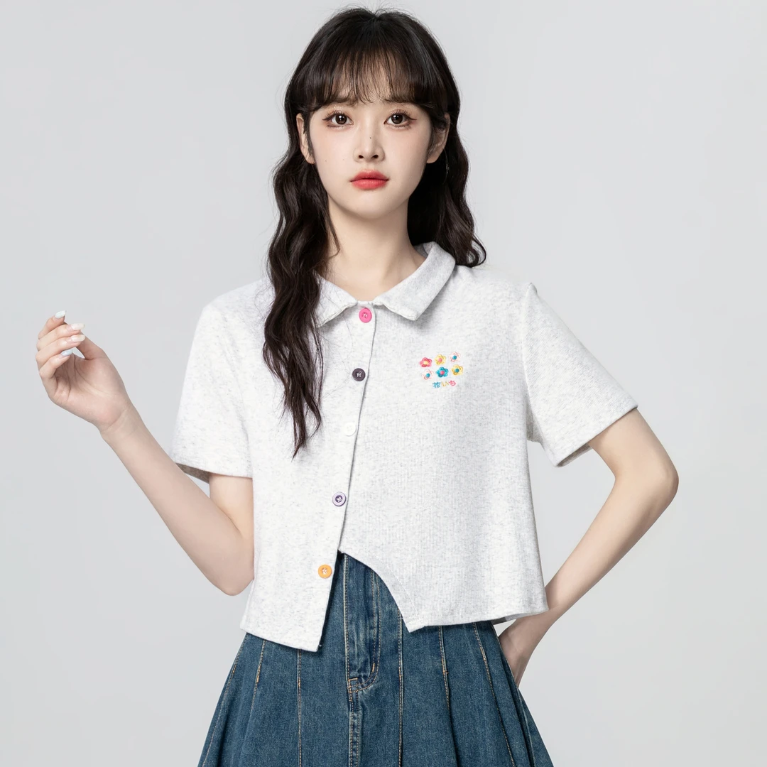 灰色POLO领短袖T恤女夏2025夏季新款不规则设计感开叉体恤短上衣