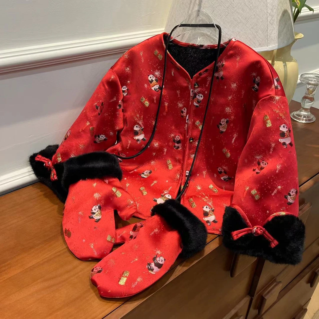 【喜儿定制】冬季新款新中式熊猫爆竹双面服汉服外套派克服中国风