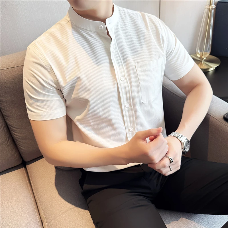 新中式立领条纹白色短袖衬衫2025新款男士夏季高档舒适纯棉衬衣