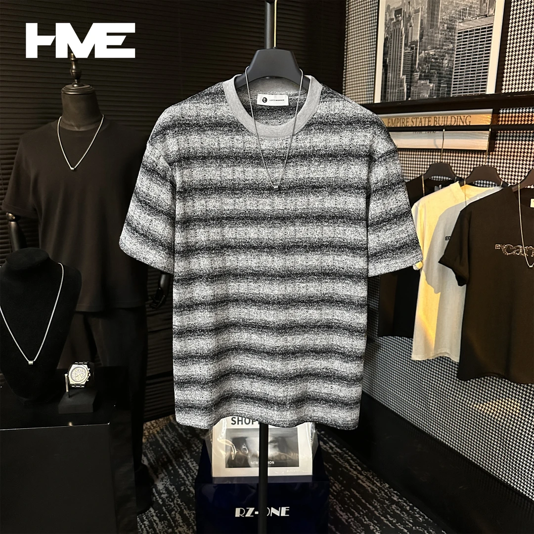 【HMEYAO】夏季男士老钱风破洞肌理渐变条纹百搭冰感丝圆领短袖T恤