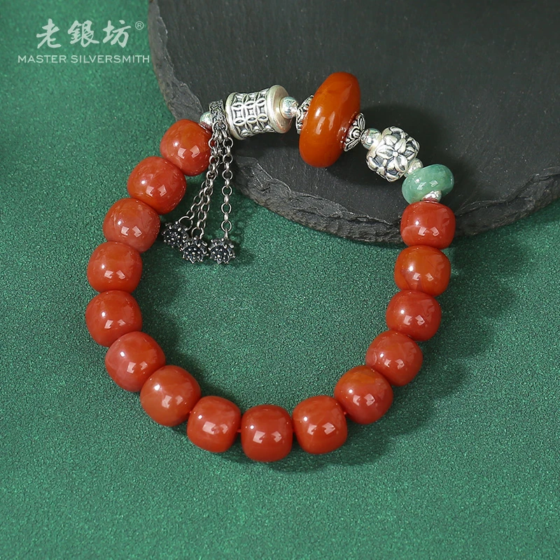 【老银坊】s925银蜜蜡饼流苏老型南红手串 00351603