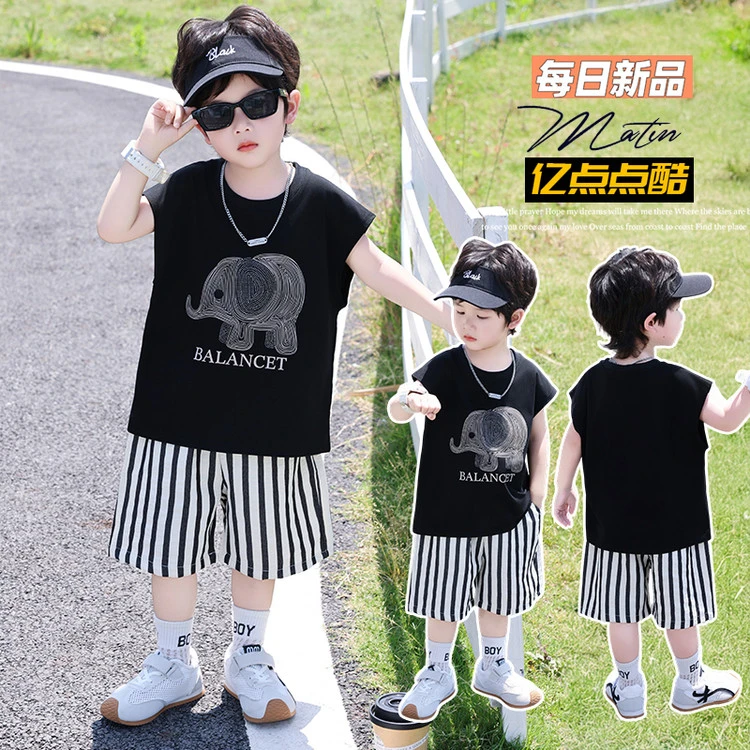 男童无袖套装夏天卡通印花背心条纹短裤儿童薄款网红夏装