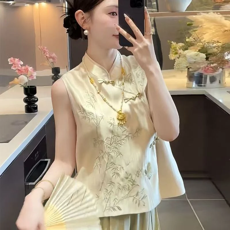 新中式气质国风刺绣无袖上衣女装2025夏季新款阔腿裤慵懒休闲套装