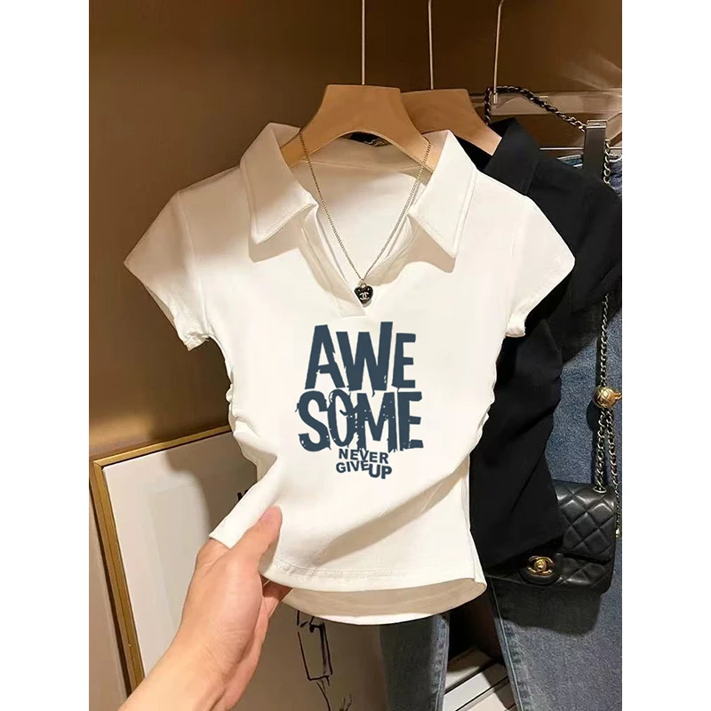 polo衫领正肩短袖t恤女装夏季2025新款褶皱修身短款洋气纯棉上衣