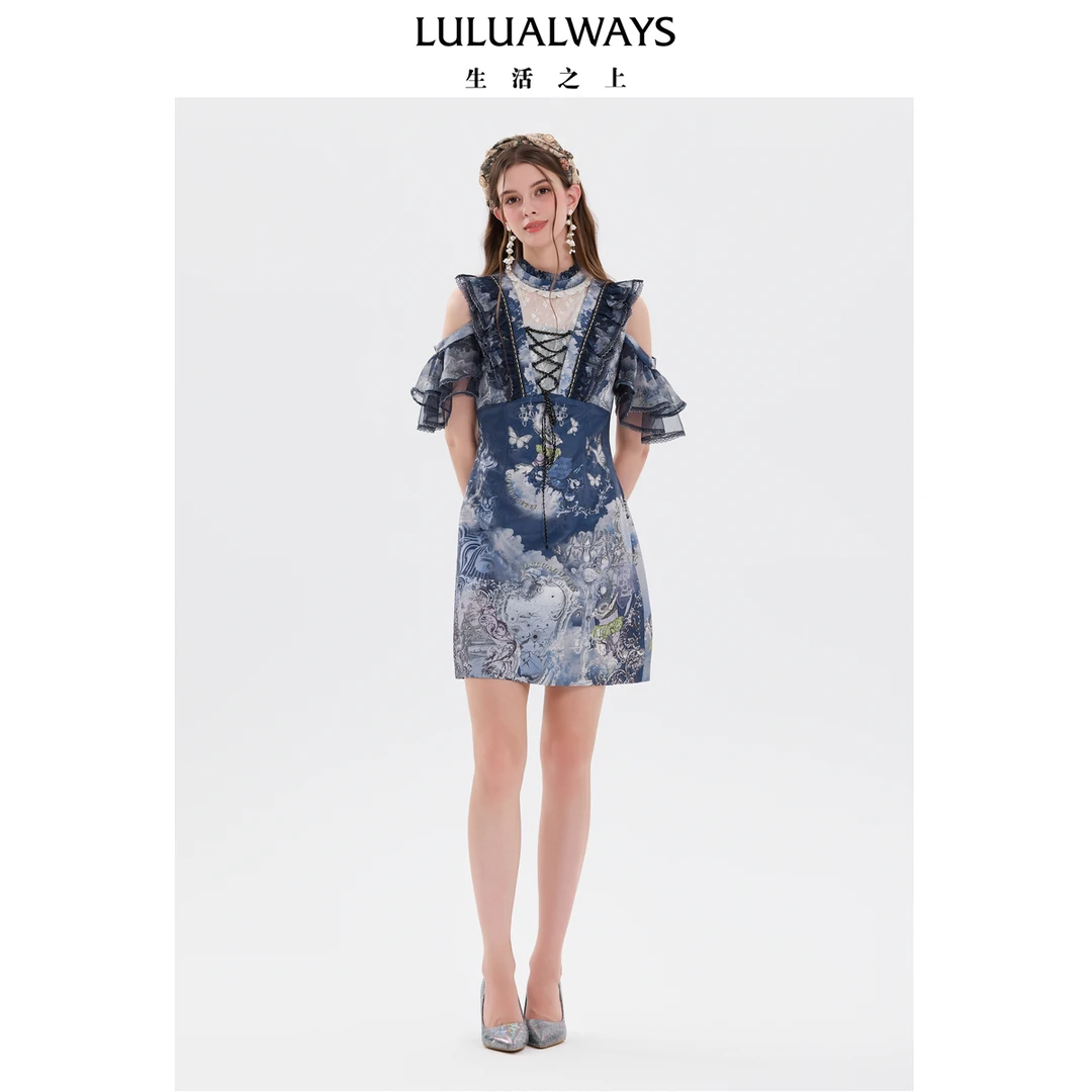 LULUALWAYS我爱露露25夏季新款法式复古风梦幻露肩立领短款连衣裙