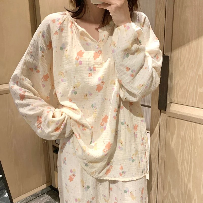 双层婴儿棉纯棉纱睡衣女套装春秋季长袖长裤两件套甜美可爱家居服