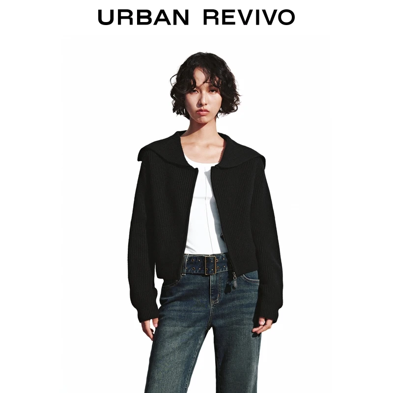 UR2025秋季新款女休闲坑条肌理披肩领短款针织开衫UYY950118