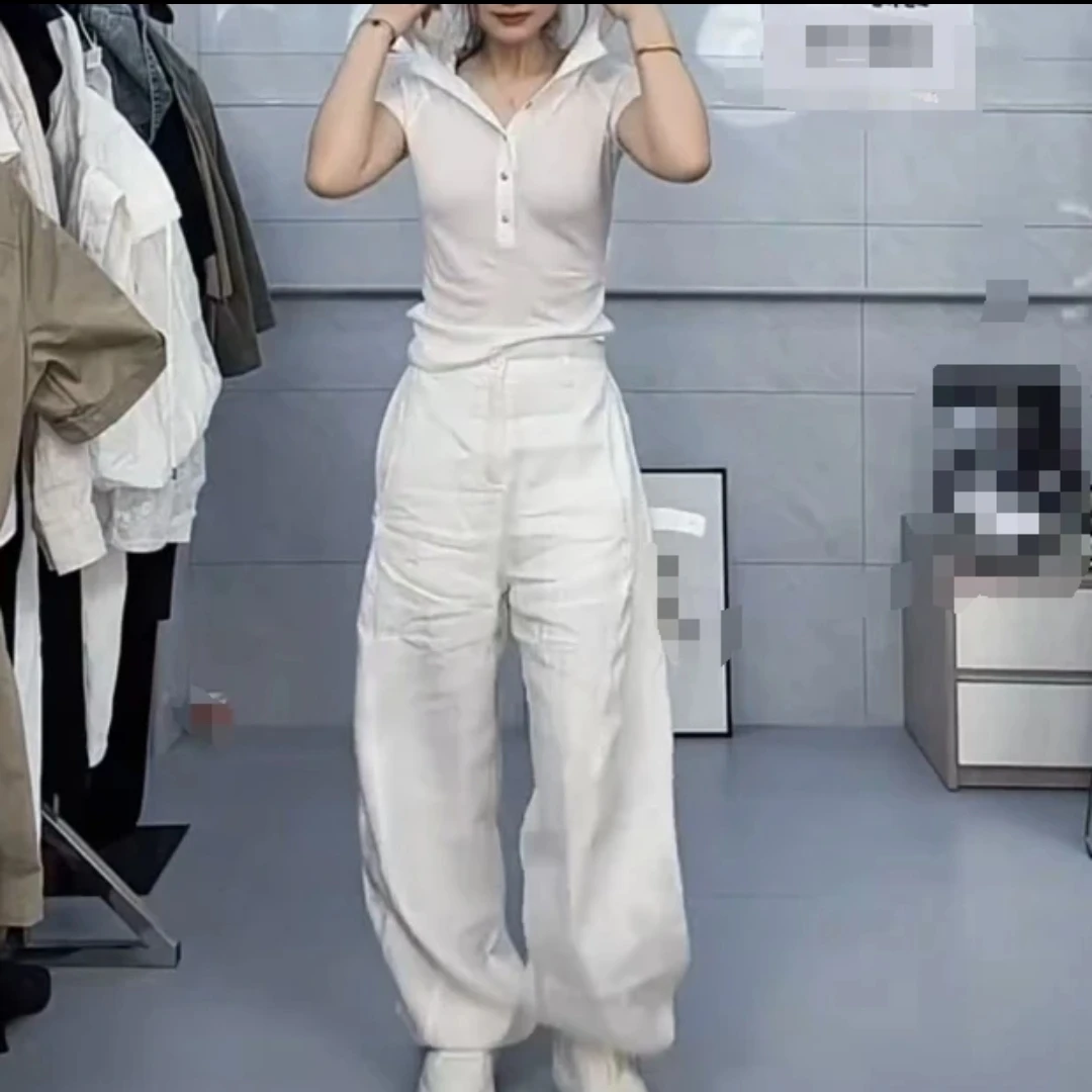 时尚百搭休闲潮流纯色扣子立领阔脚裤上衣