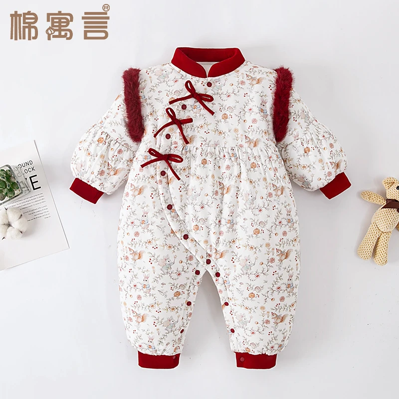 婴儿夹棉哈衣纯棉花宝宝拜年服冬季连体衣加厚保暖儿童中国风棉服