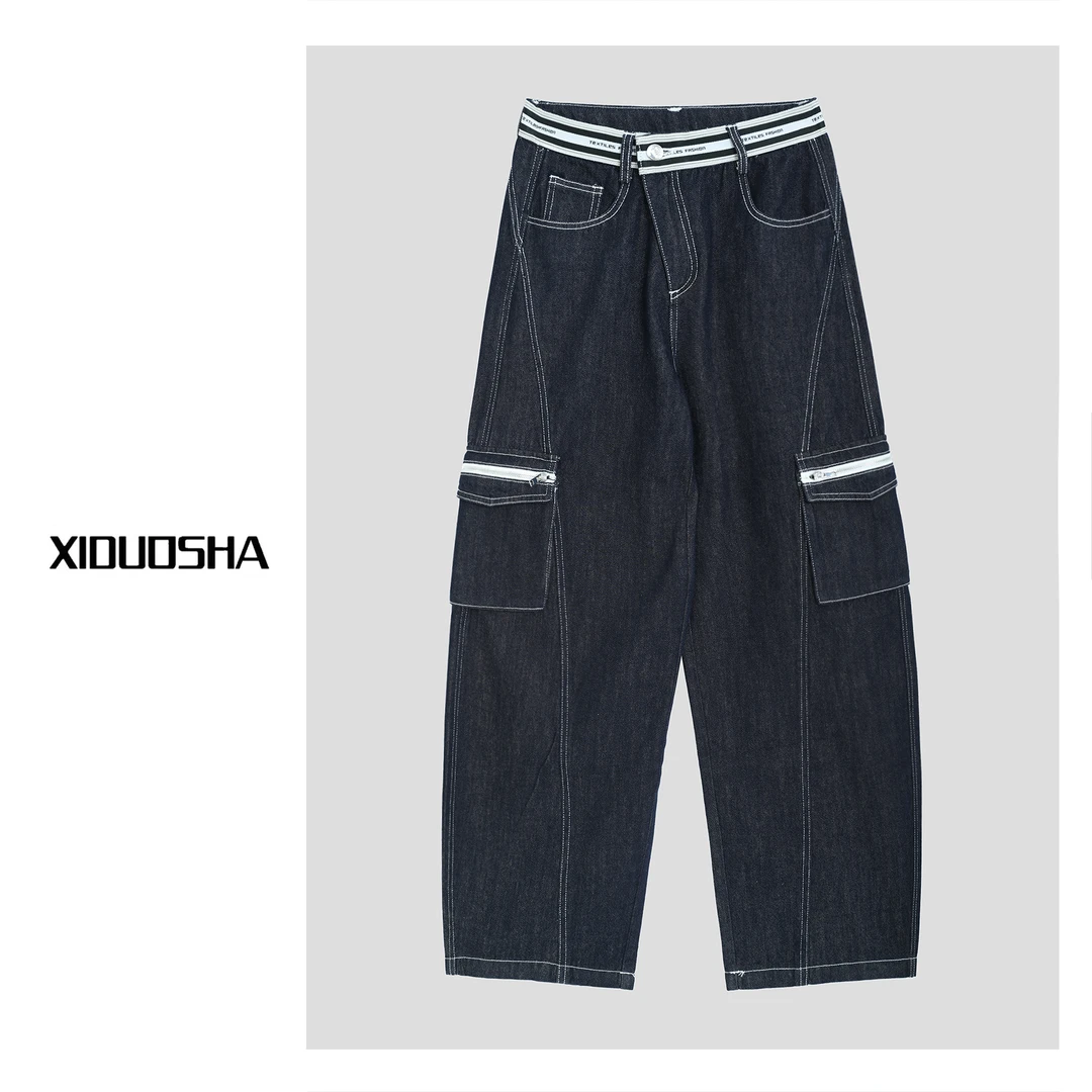 XIDUOSHA/喜朵莎原创腰头拼接斜裁门拉立体剪裁美式工装裤XDS1193
