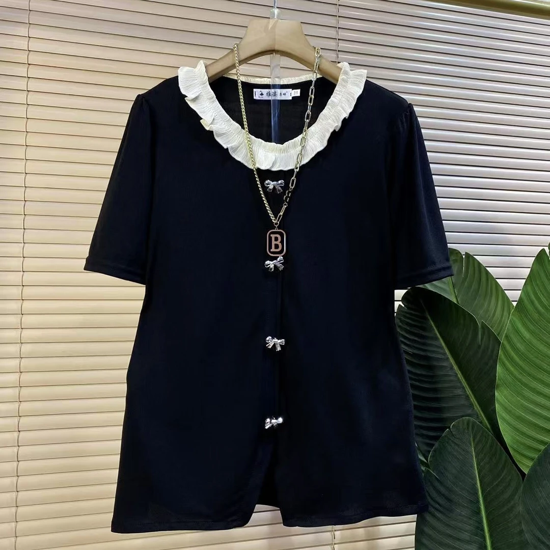 Y欧货时尚新款甜美木耳花边拼接设计款短袖上衣