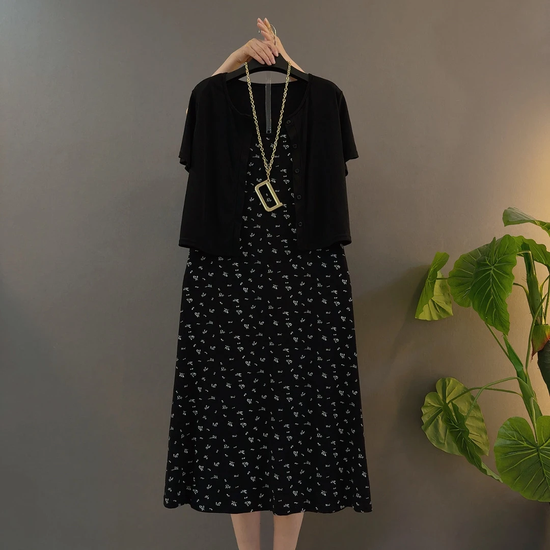 欧美风夏季显瘦大码连衣裙御姐风成人中长裙极简风两件套