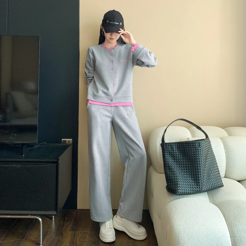 欧货休闲运动套装女春秋2025新款时尚洋气假两件上衣直筒裤两件套