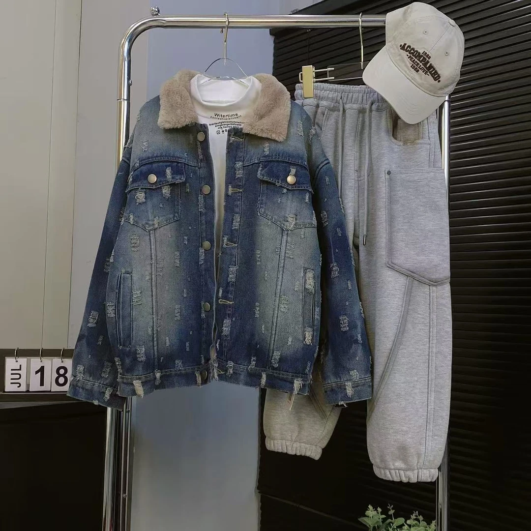 【嘟妈童装】2024冬新款男童牛仔加绒外套中大童帅气加厚牛仔衣6337