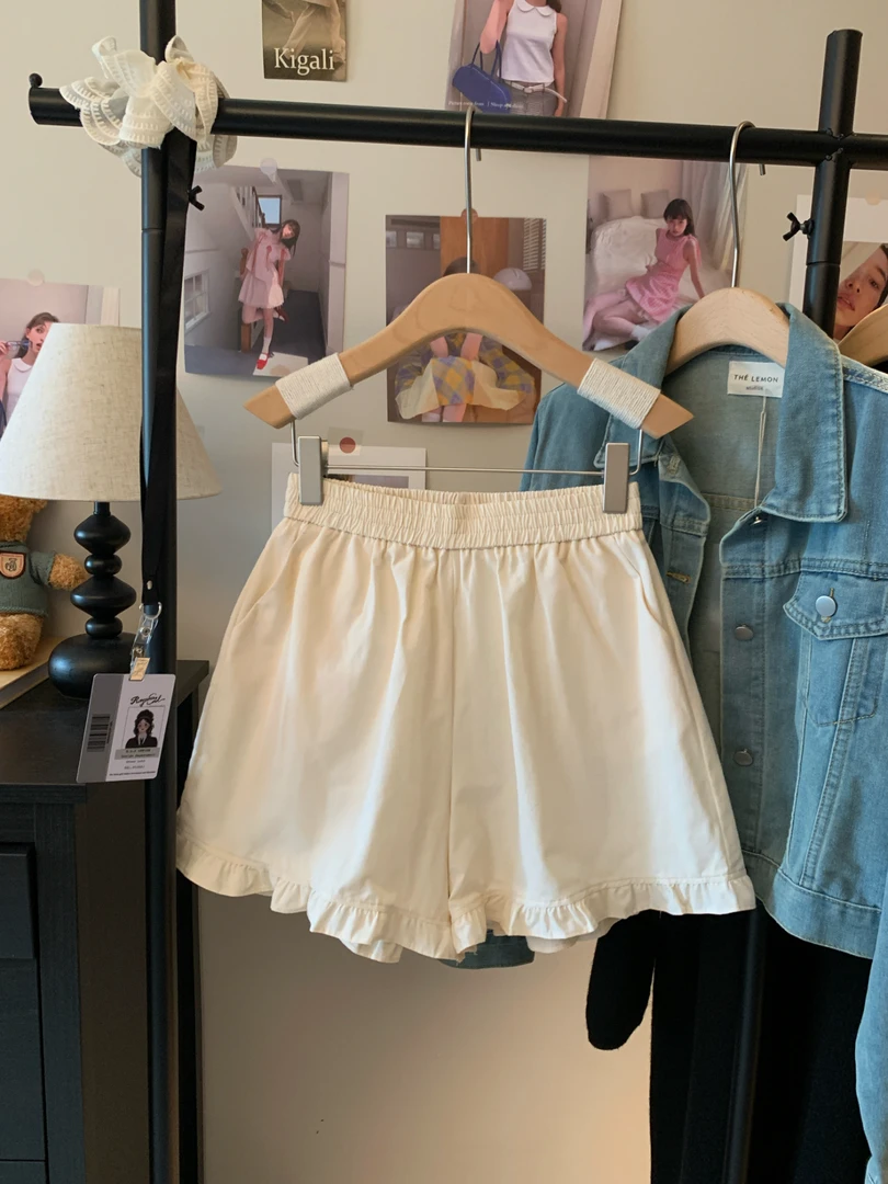 2025爆款宽松显瘦松紧腰木耳边短裤女夏季大码外穿休闲阔腿热裤子