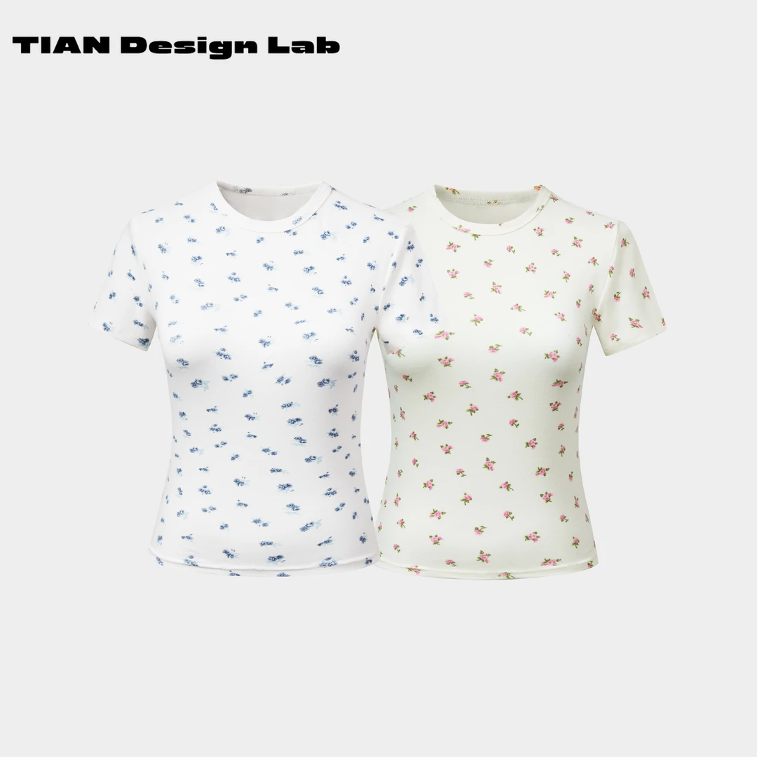 Tian design lab经典花纹印花辣妹紧身短袖T恤女显瘦短款上衣
