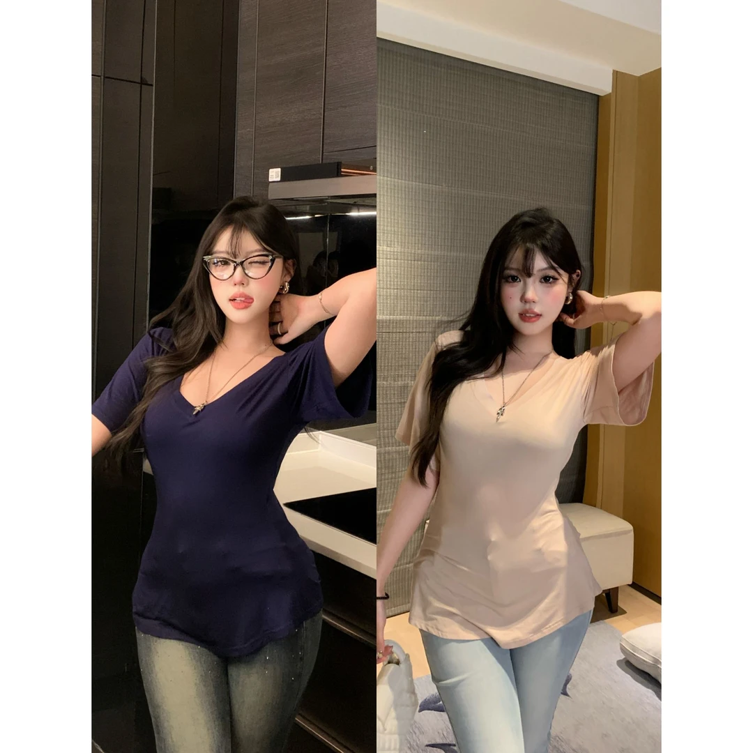 10.24清清【粉雾香氛】纯欲气质V领上衣夏季微胖显瘦T恤5217M