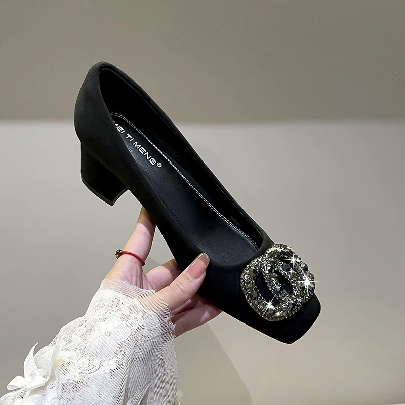 黑色方头浅口职业跟鞋百搭软底加绒低跟中跟女鞋气质方扣高跟单鞋