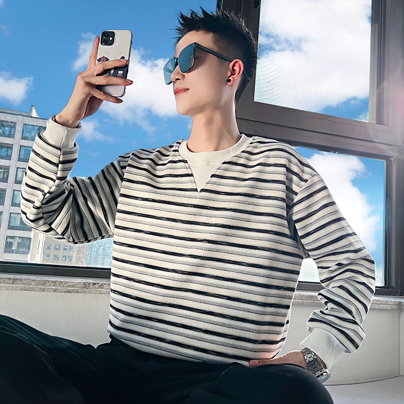 痞帅V字领卫衣男潮牌假两件条纹T恤圆领长袖上衣春秋2025新款外套