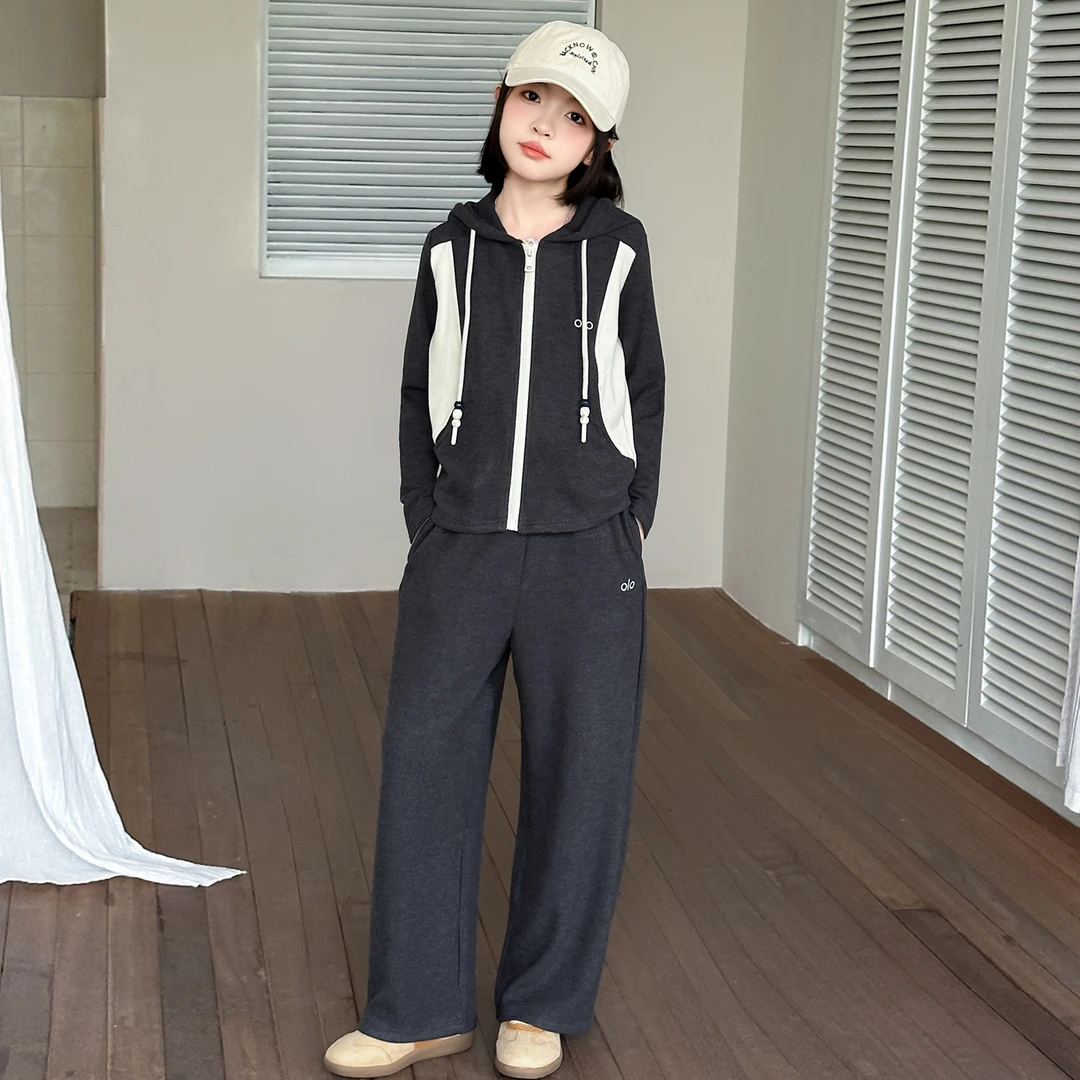 女童套装春秋装2025新款女大童时髦洋气连帽外套阔腿裤运动两件套