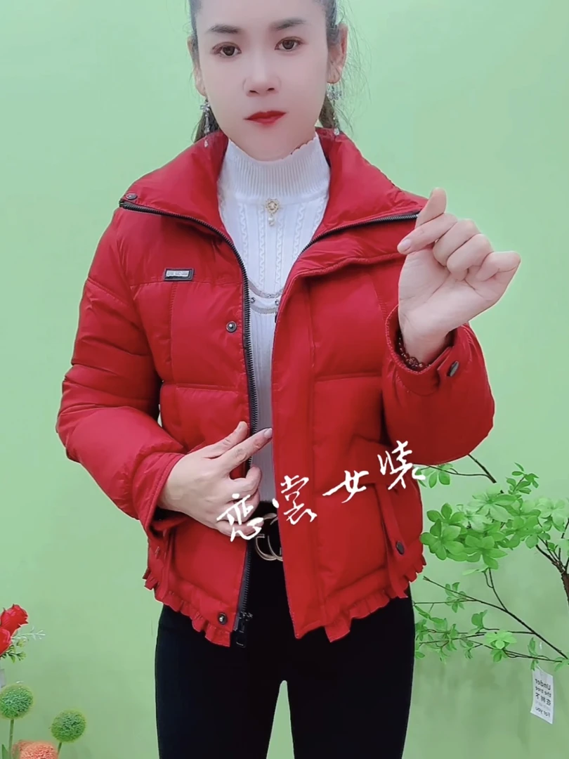 无图案保暖短款女款棉衣外套棉服立领加厚花边下摆修身时尚棉衣