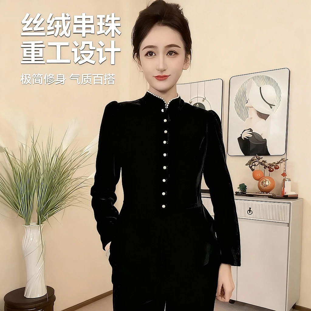定制丝绒加厚重工串珠时尚设计师款气质百搭上衣
