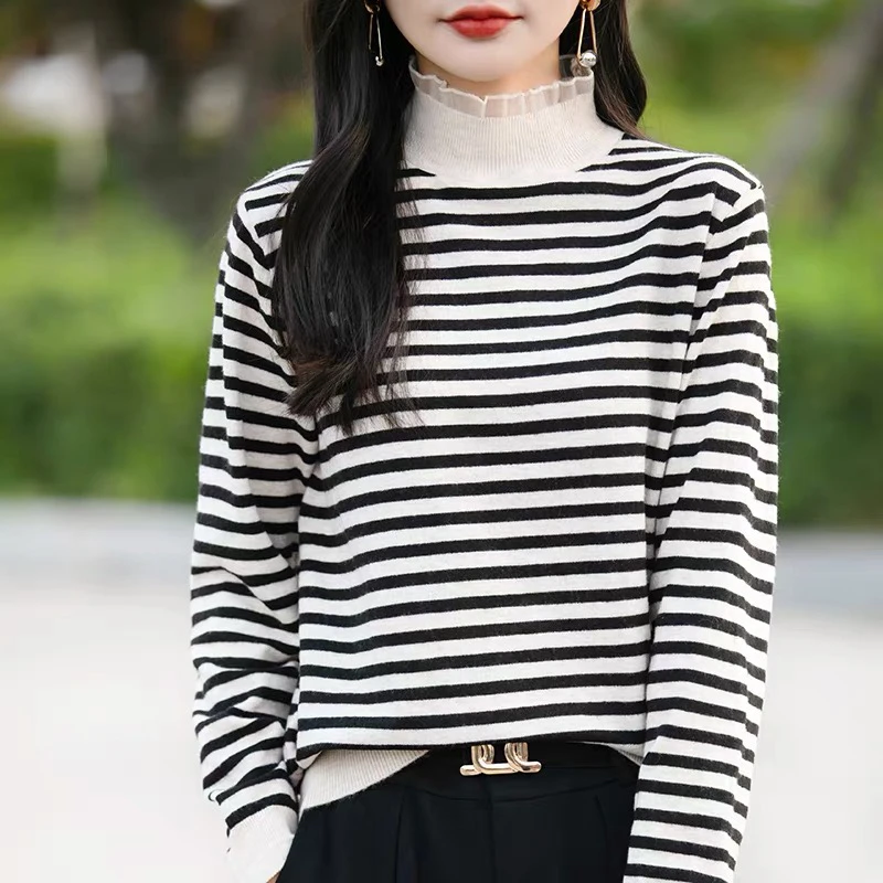 【小雯家】复古条纹半高领网纱木耳边显瘦上衣